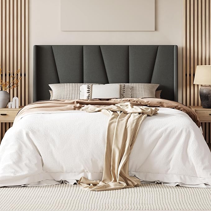 Queen Platform Bed Frame with Geometric Wingback Headboard