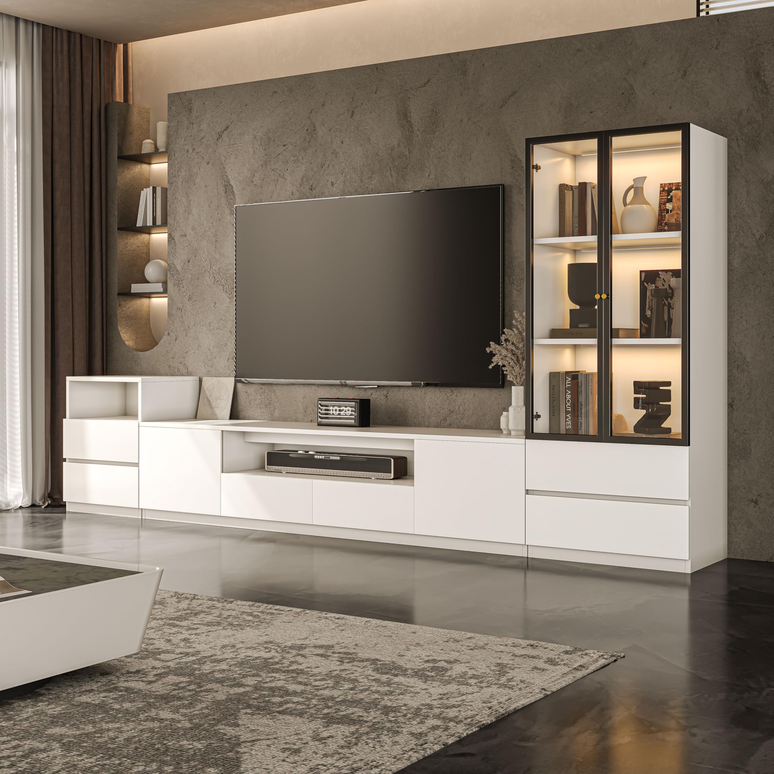 122" White Modern Entertainment Center for 85" TV - 3-Piece Media Console Set