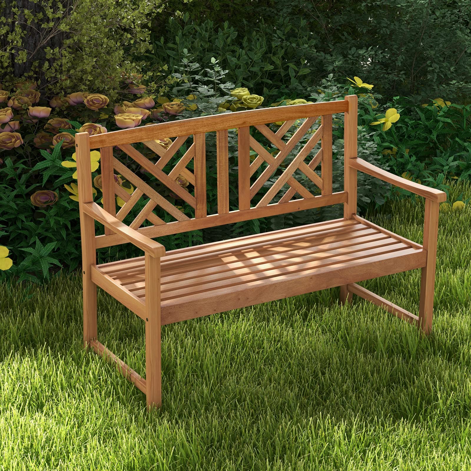 Acacia Wood Garden Bench 2-Person Loveseat with Armrests