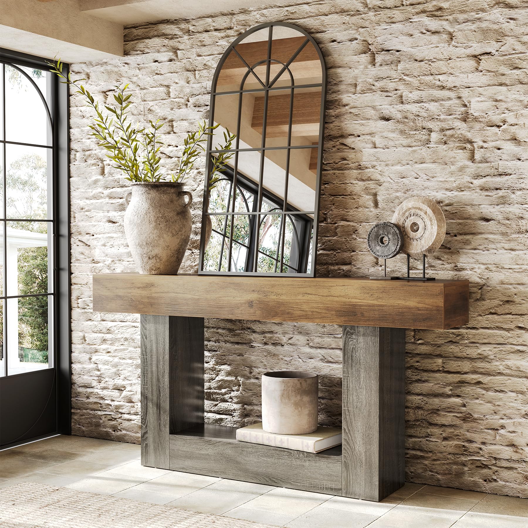 63 Inch 2-Tier Farmhouse Console Table with Heavy Duty Base
