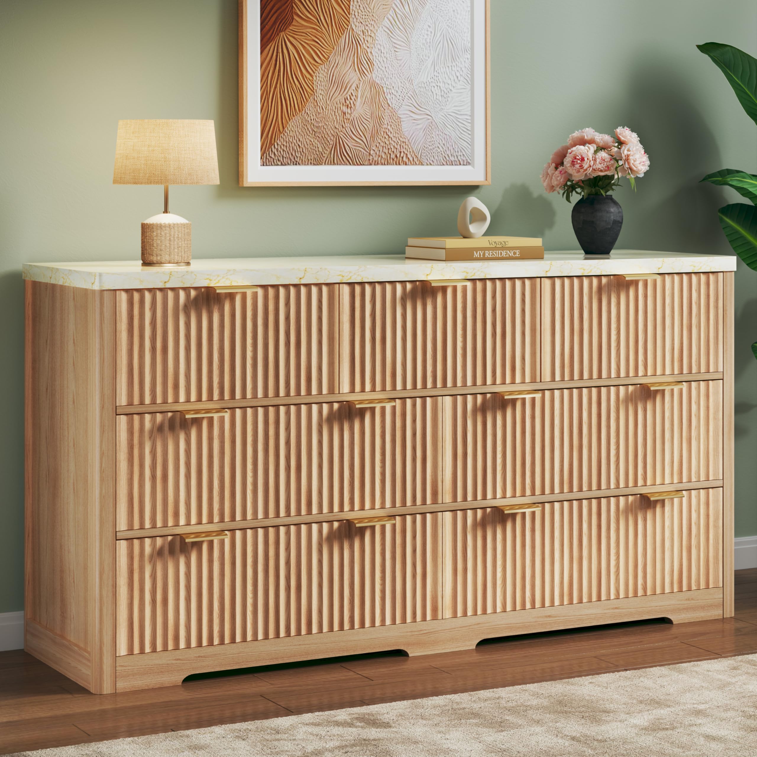 7-Drawer Fluted Dresser with Faux Marble Top