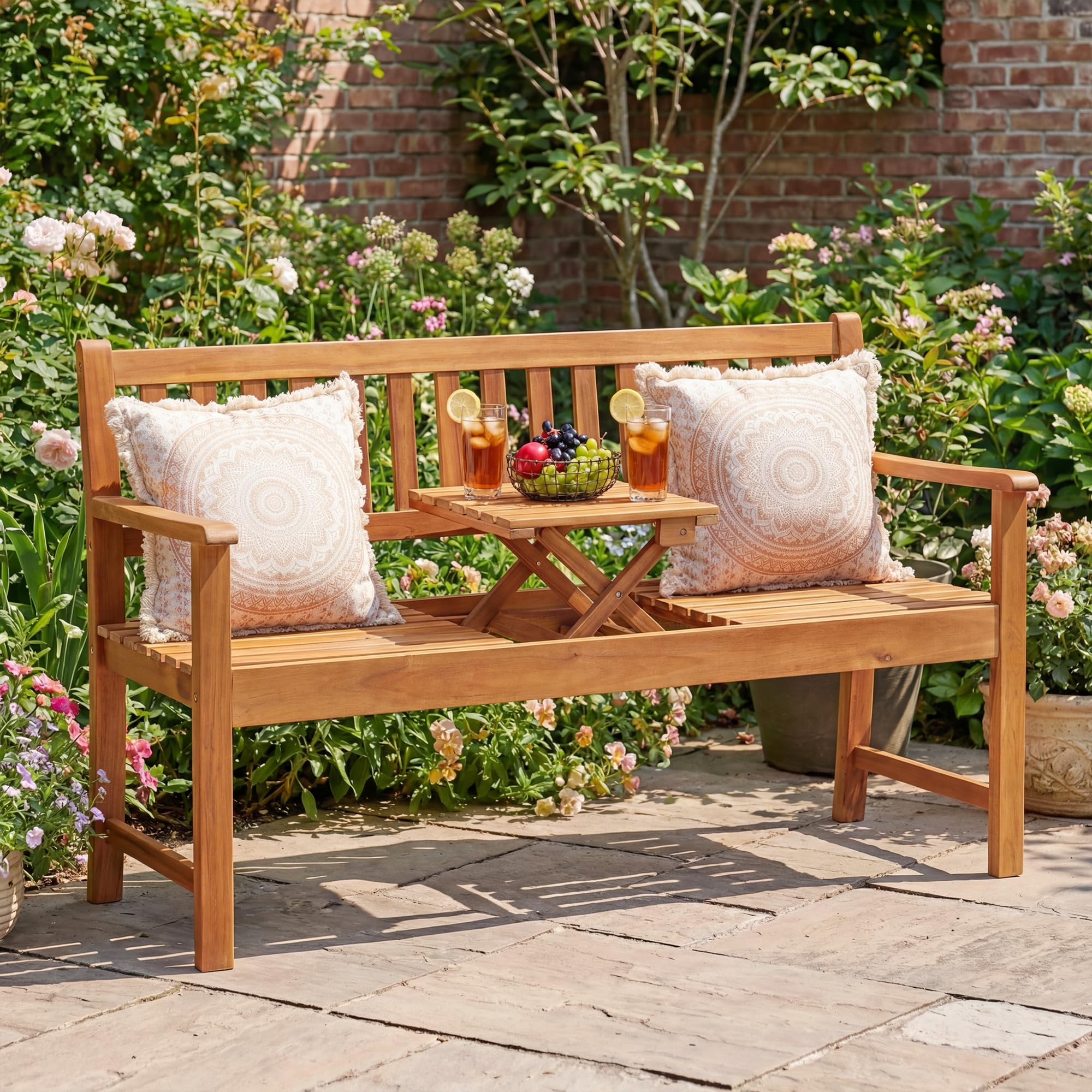 Outdoor Bench with Pull-Out Center Table