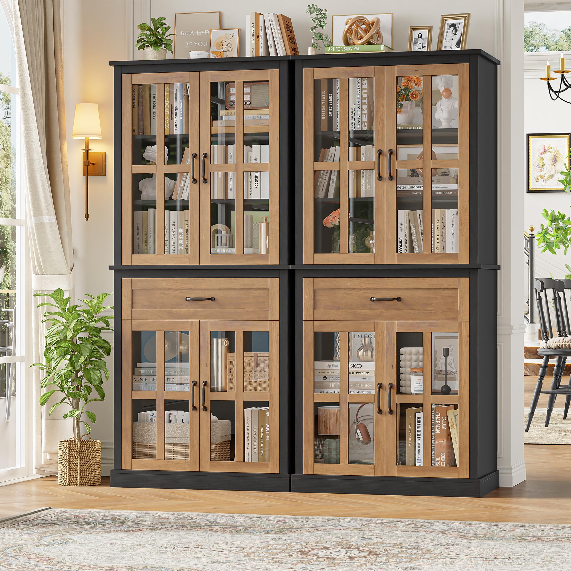 Kitchen Pantry Cabinet with Glass Doors and Drawer