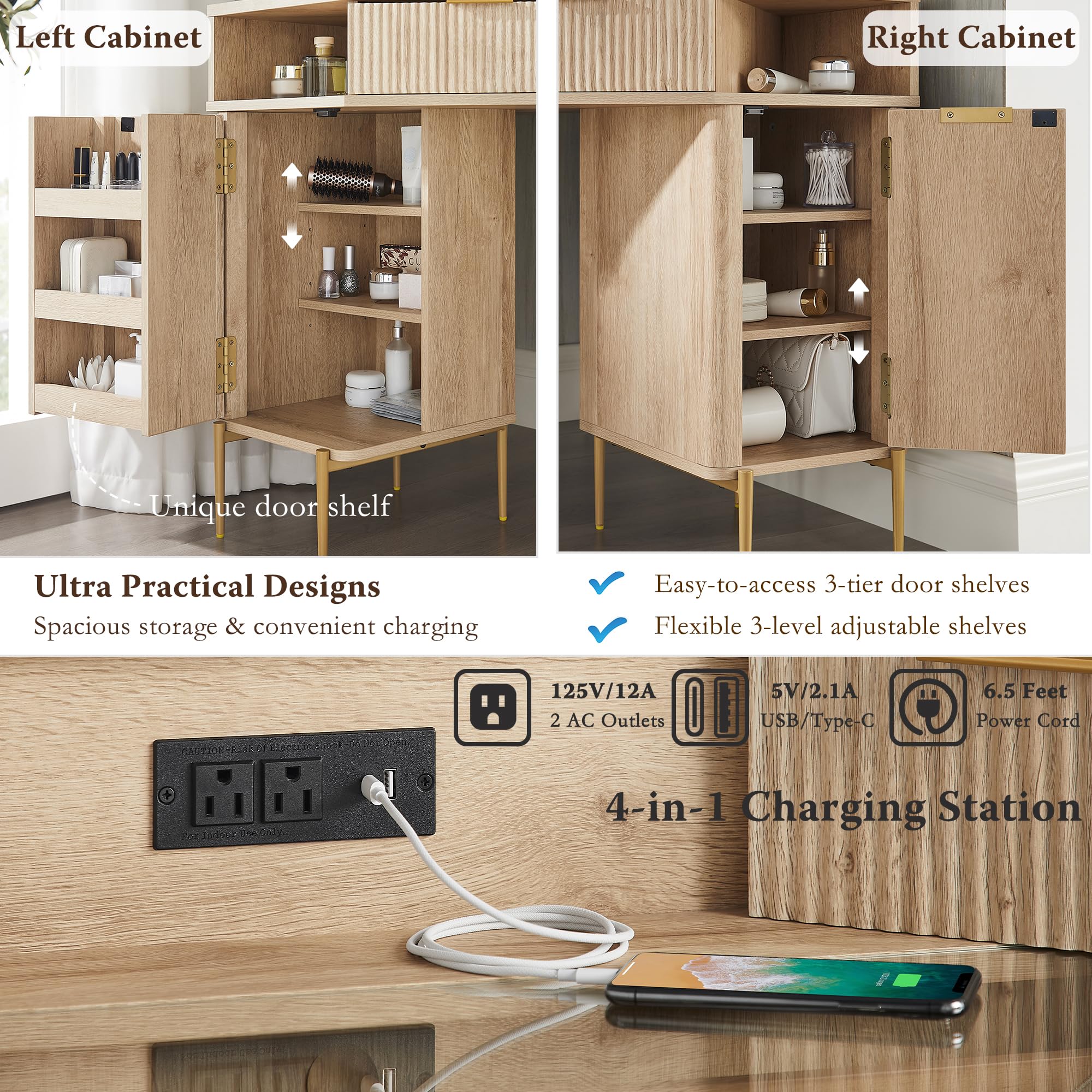 48" Fluted Makeup Vanity Desk with HD Triple Mirror and Lights