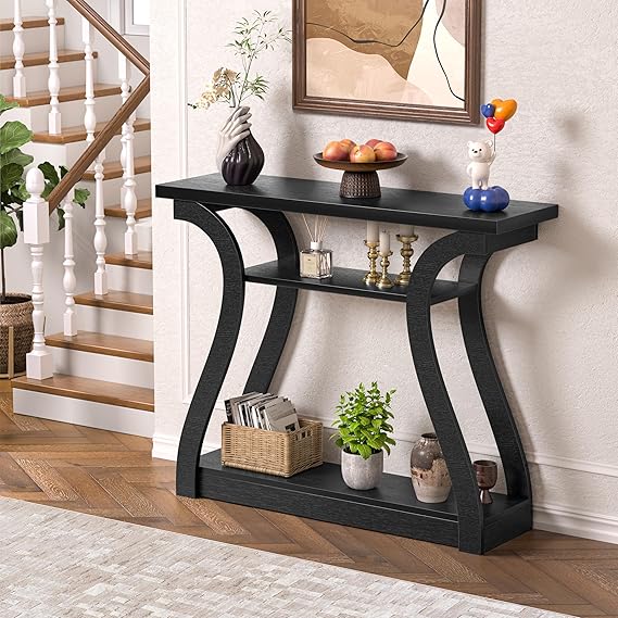 Wooden Console Table with Curved Legs - 3-Tier Modern Accent Sofa Table