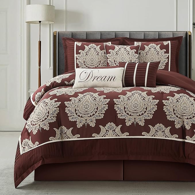 Blue King Size Damask Comforter Set - 7 Pieces