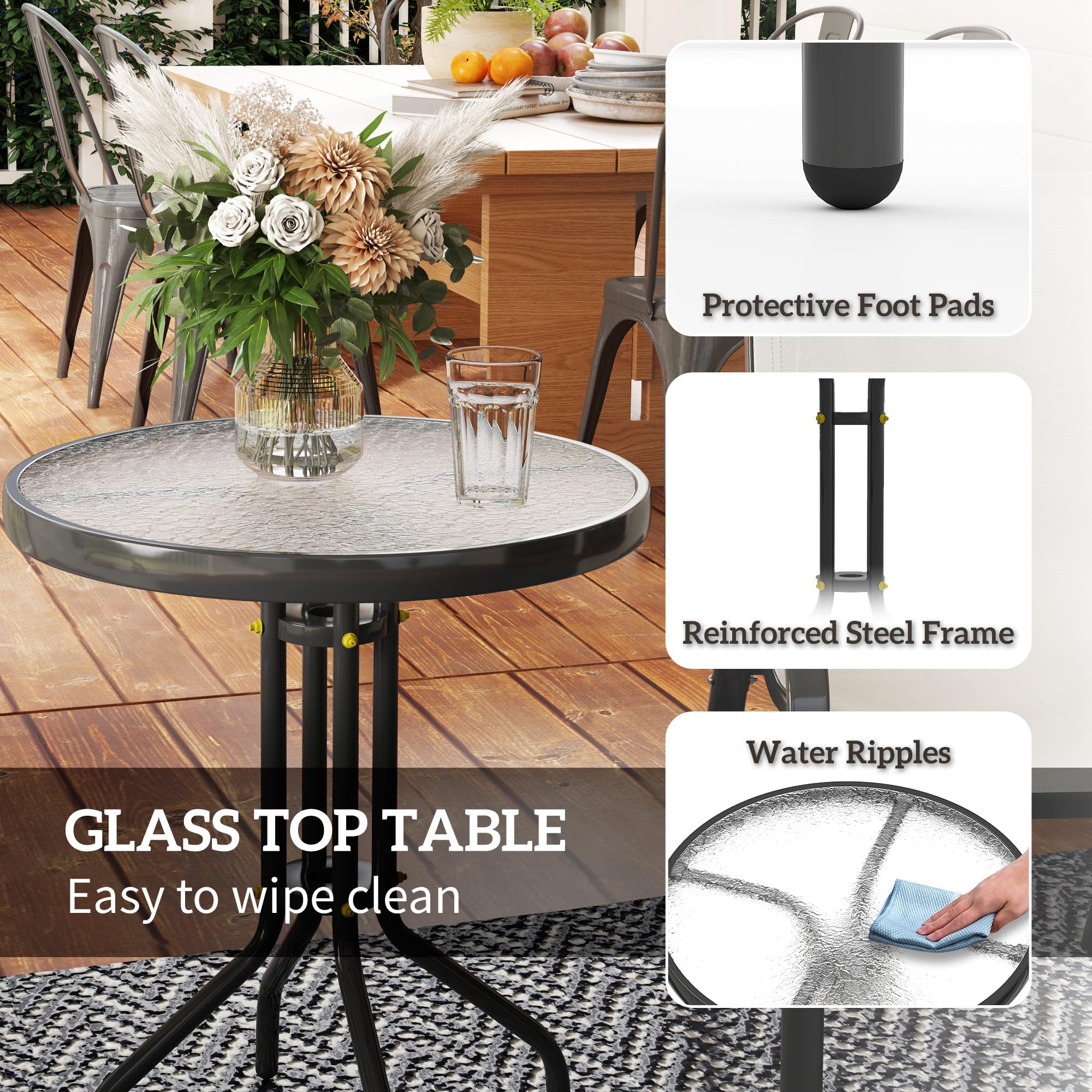 3-Piece Outdoor Bistro Set with Stackable Chairs and Glass Table