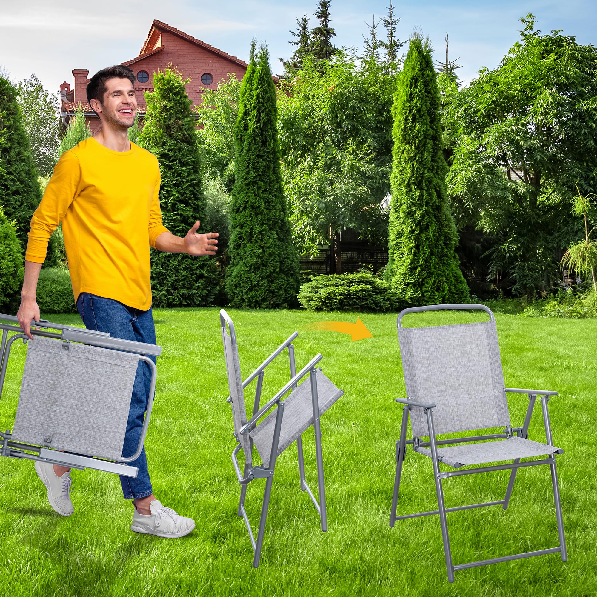 Shintenchi 6 Piece Patio Dining Set with Umbrella, Outdoor Furniture Set with 4 Folding Chairs and Tempered Glass Top Dining Table fot Lawn Backyard Garden Porch, Silver