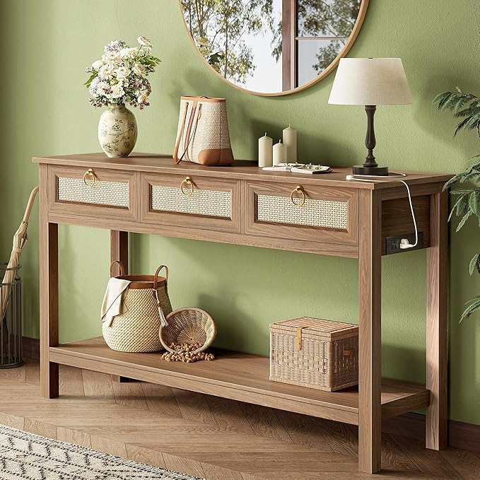 Rattan Console Table with Outlets and USB-C Port
