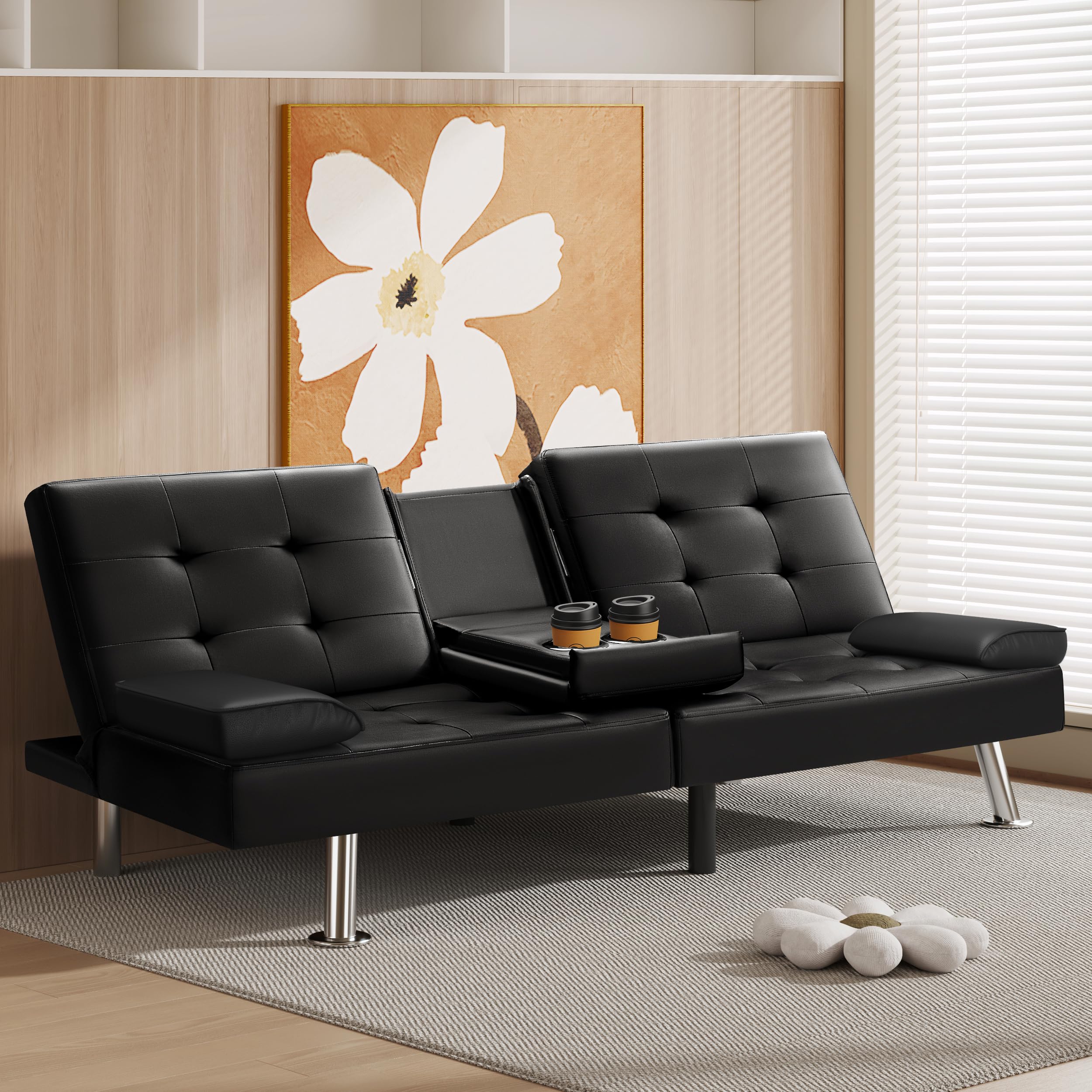 Convertible Futon Sofa Bed with Cup Holders - Faux Leather Recliner Couch