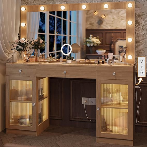 Vanity Desk with Large Mirror and Lights