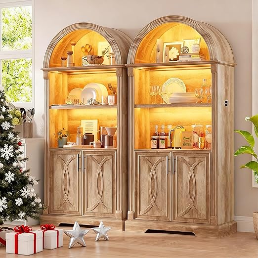 Arched Kitchen Pantry Cabinet with LED Light