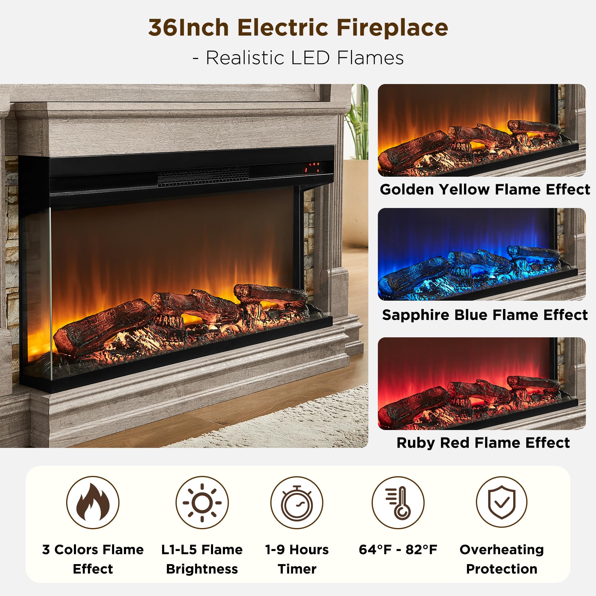52" Electric Fireplace TV Stand with 3-Sided Glass Insert and Hidden Storage
