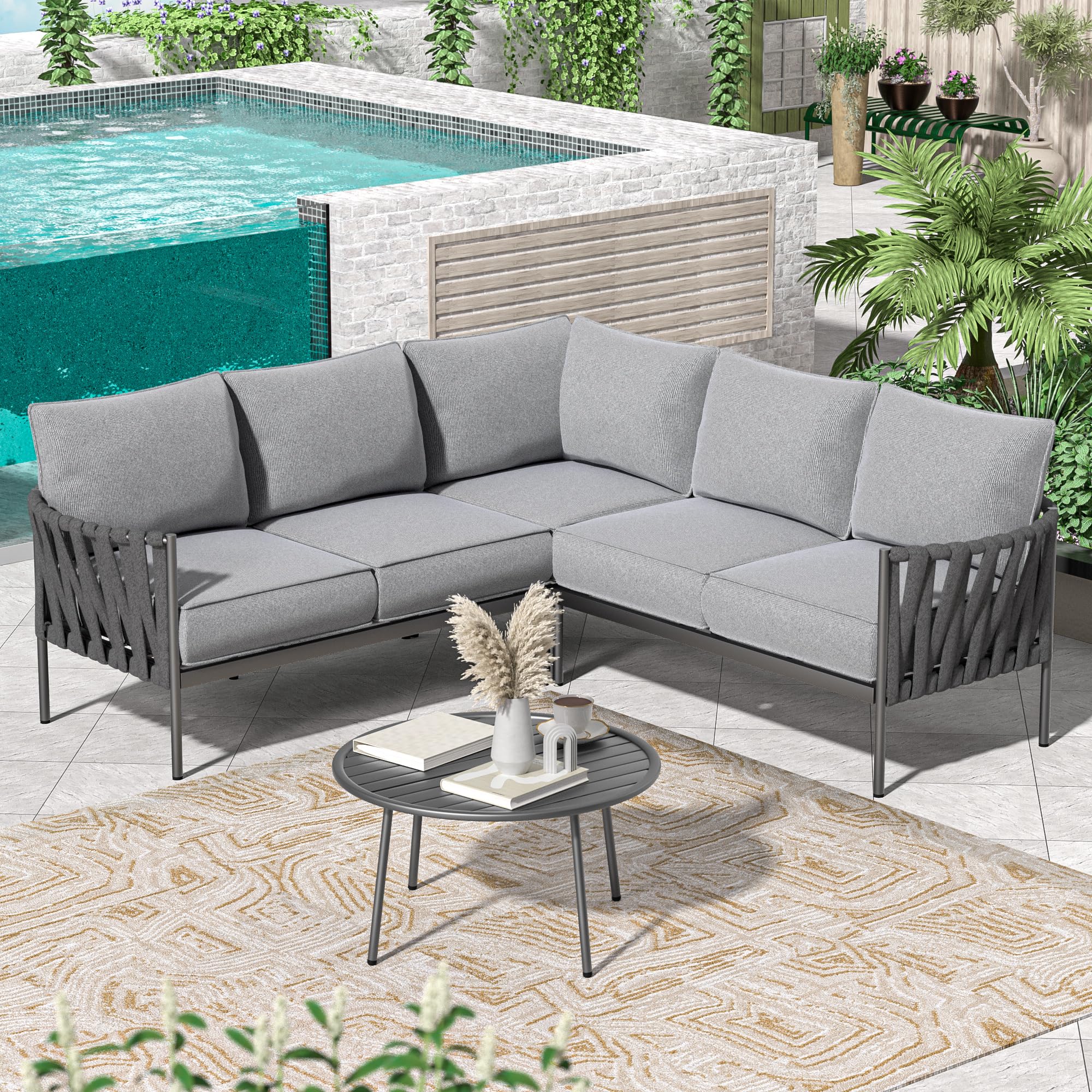 6-Piece L-Shaped Outdoor Sectional Sofa Set with Coffee Table