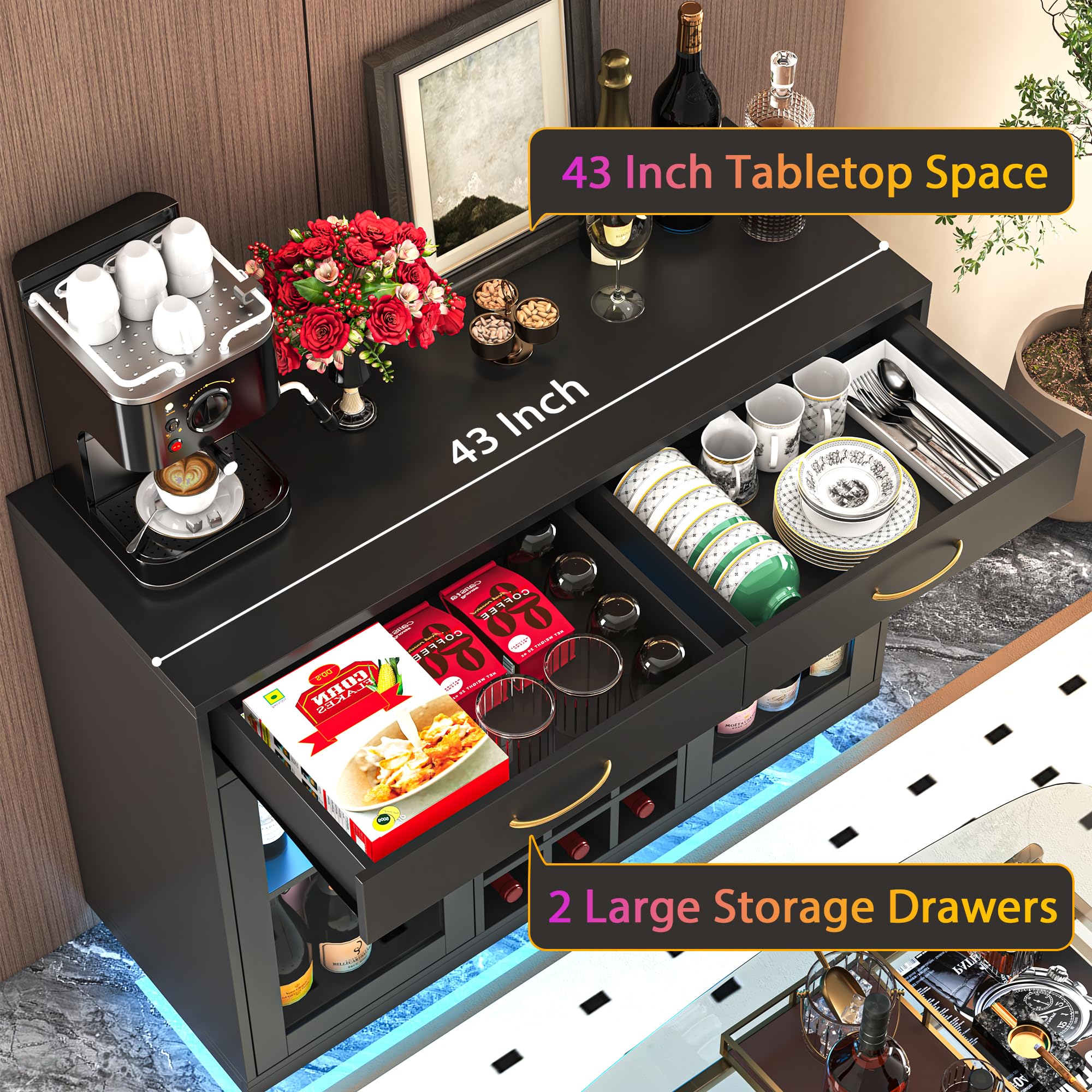 Wine Bar Cabinet with LED Lights and Glass Rack