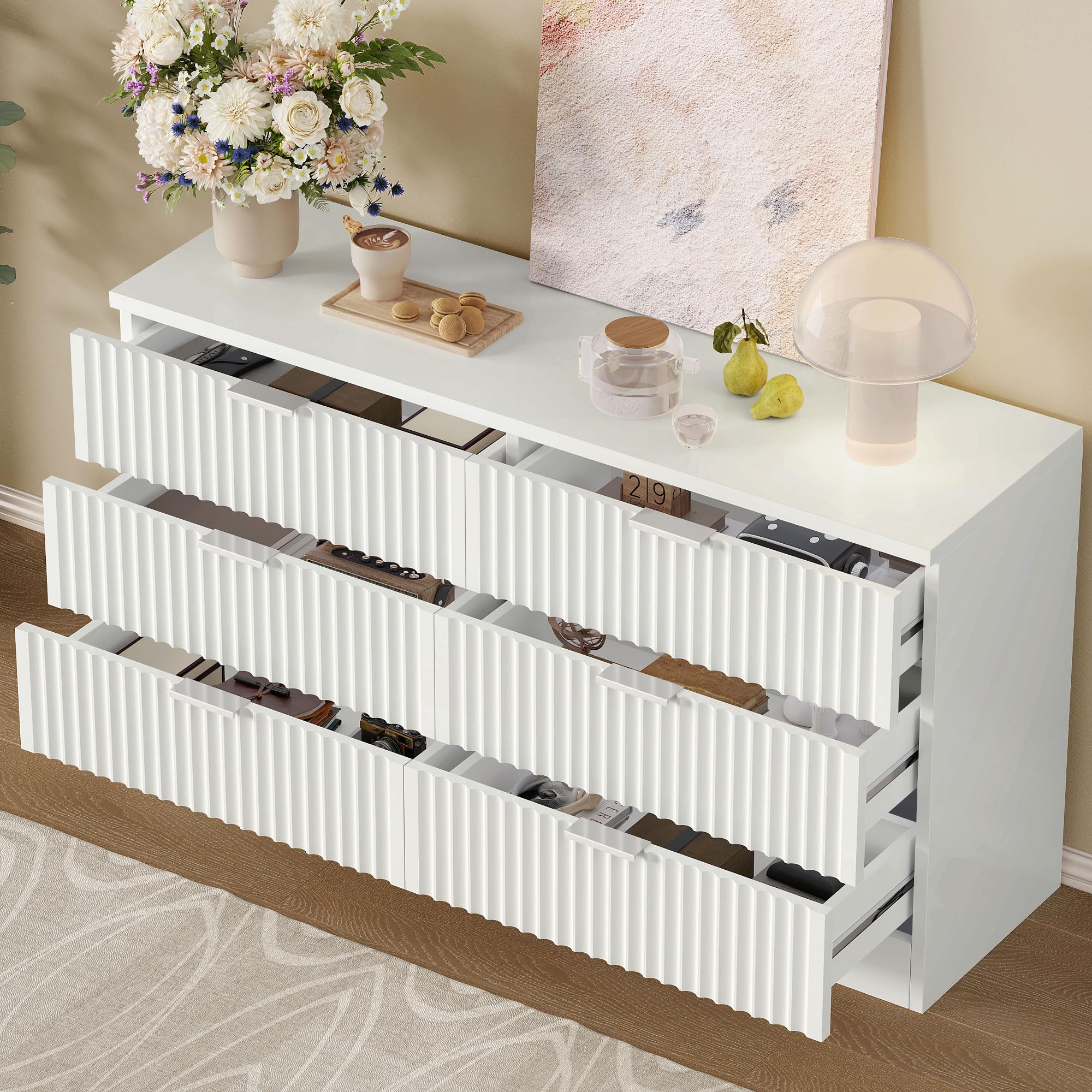 Fluted 6 Drawer Dresser 47.5" Wide White