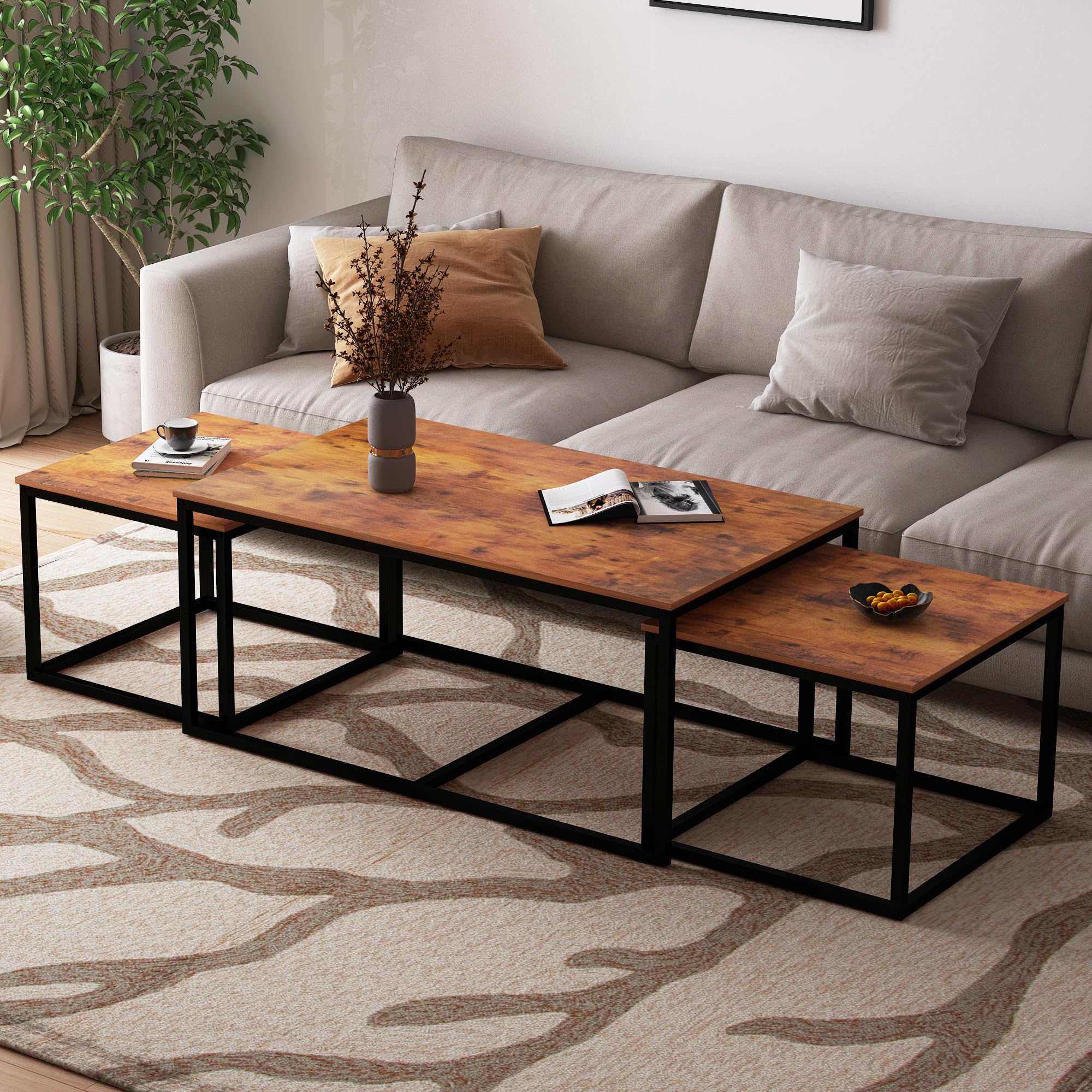 3-Piece Nesting Coffee Table Set - Industrial Rectangular End Tables