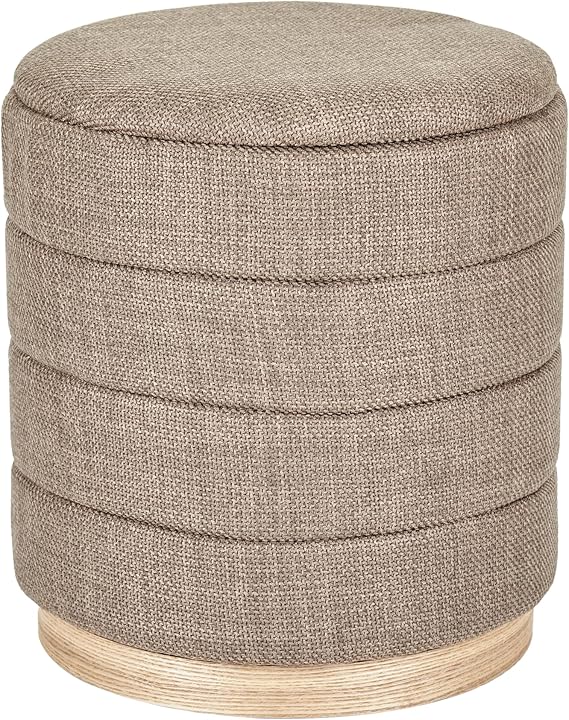 Round Storage Ottoman - Linen Upholstered Footrest Bench