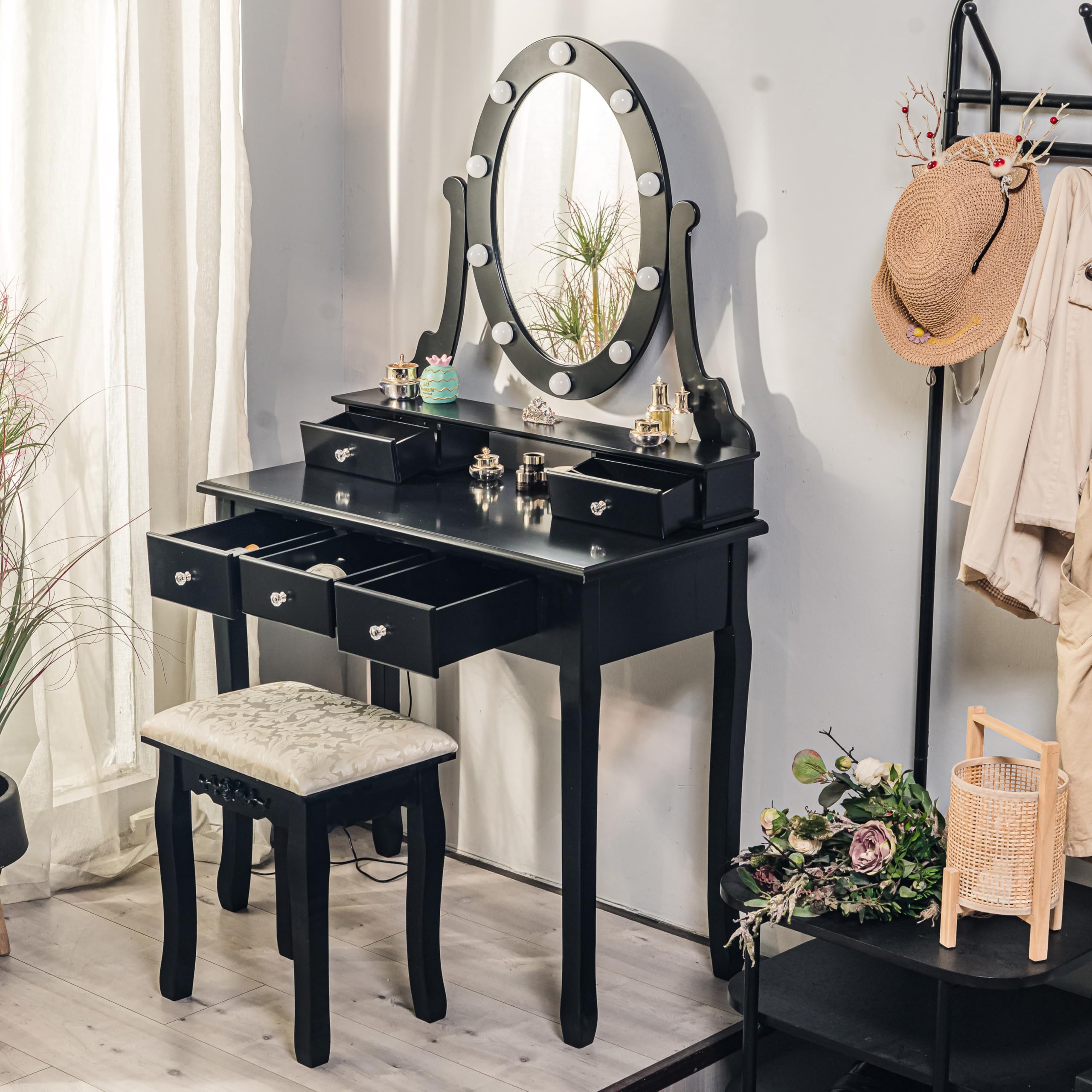 Modern Makeup Vanity with Lighted Mirror and Stool