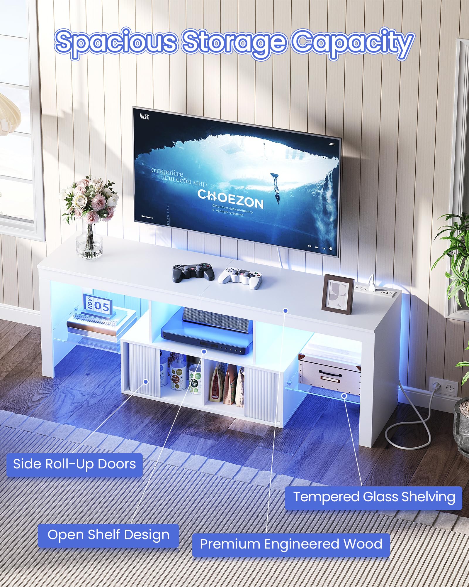 TV Stand with Power Outlet and LED Lights