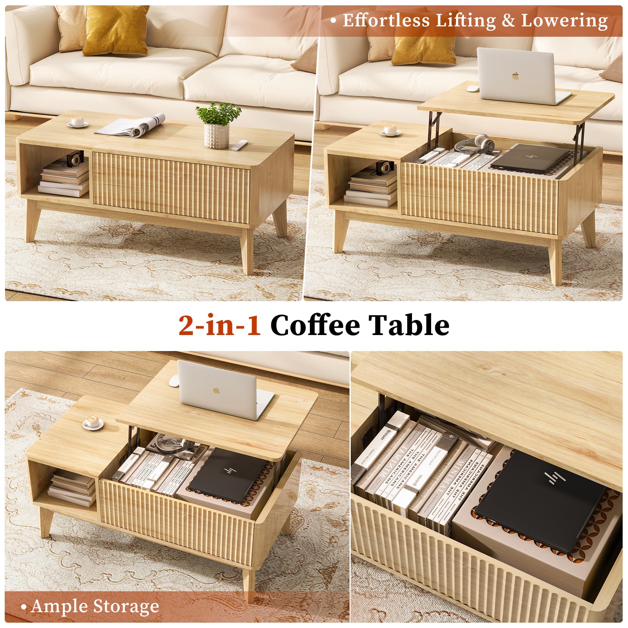 Fluted Lift Top Coffee Table with Storage