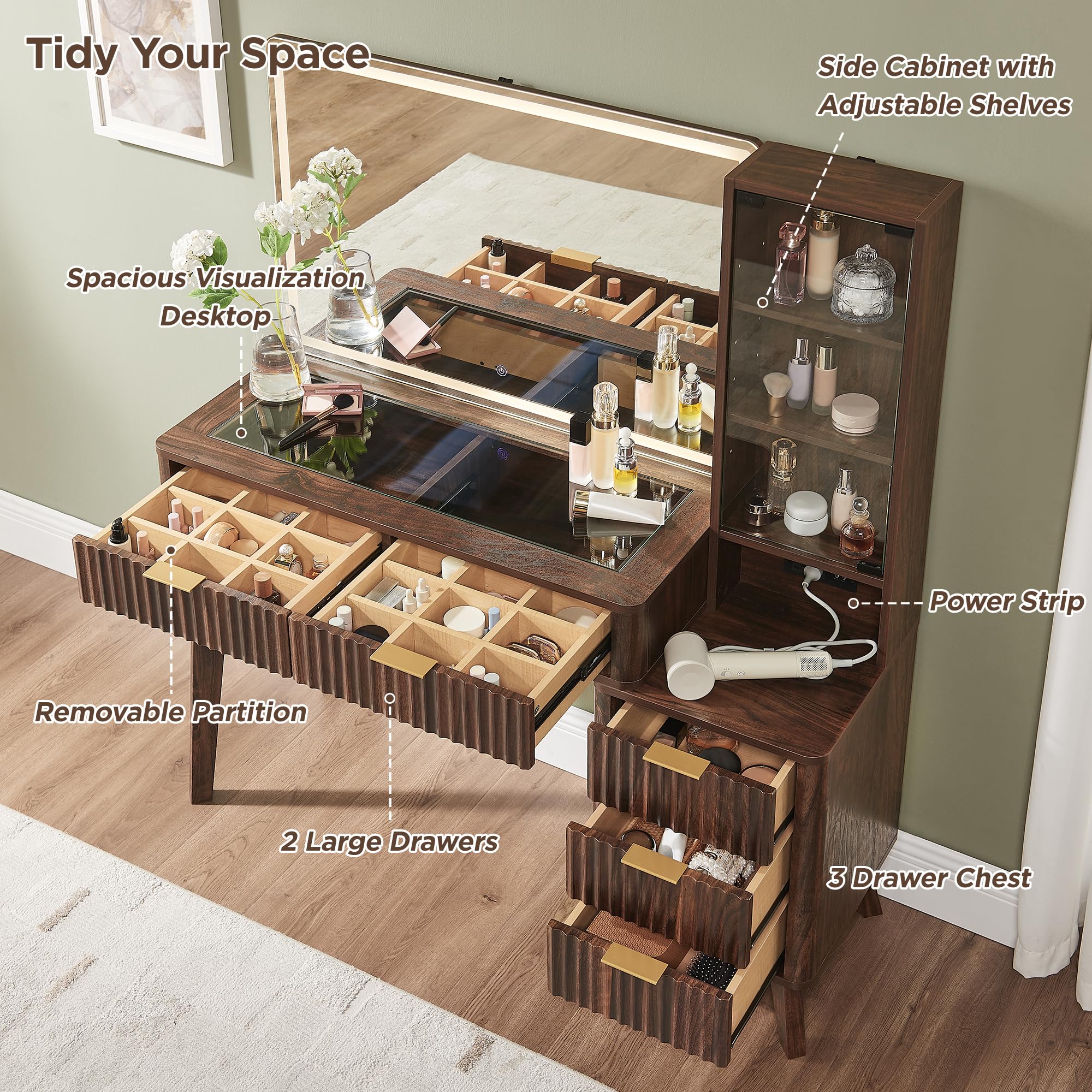 48" Fluted Makeup Vanity Desk with Mirror and Lights