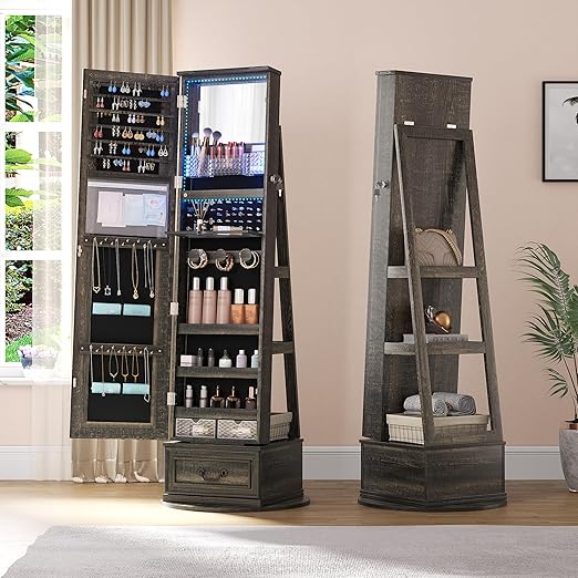 Swivel Jewelry Organizer with Full Length Mirror and Lights