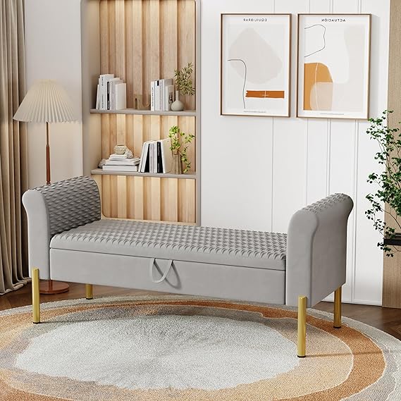 Blue Velvet Storage Bench with Metal Frame