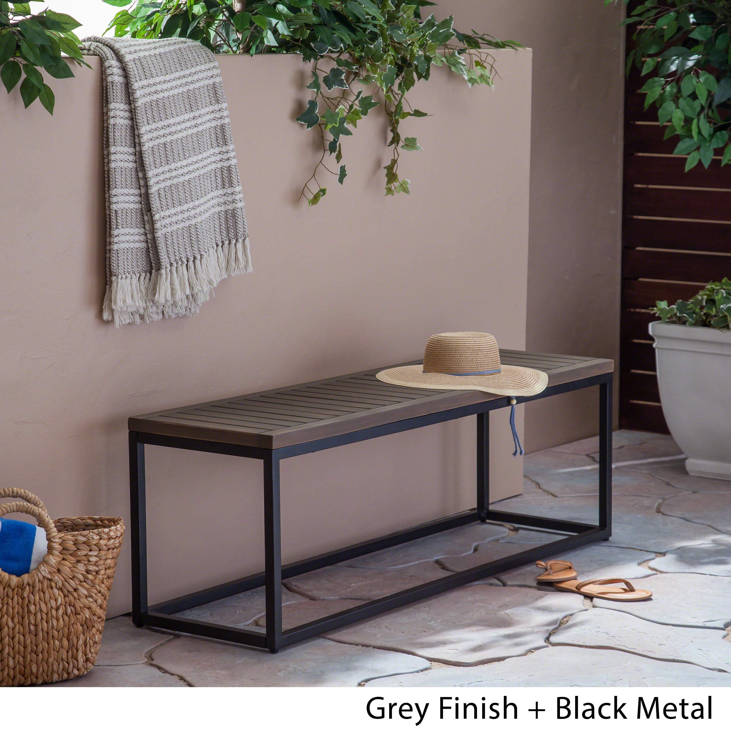 Outdoor Industrial Acacia Wood and Iron Bench