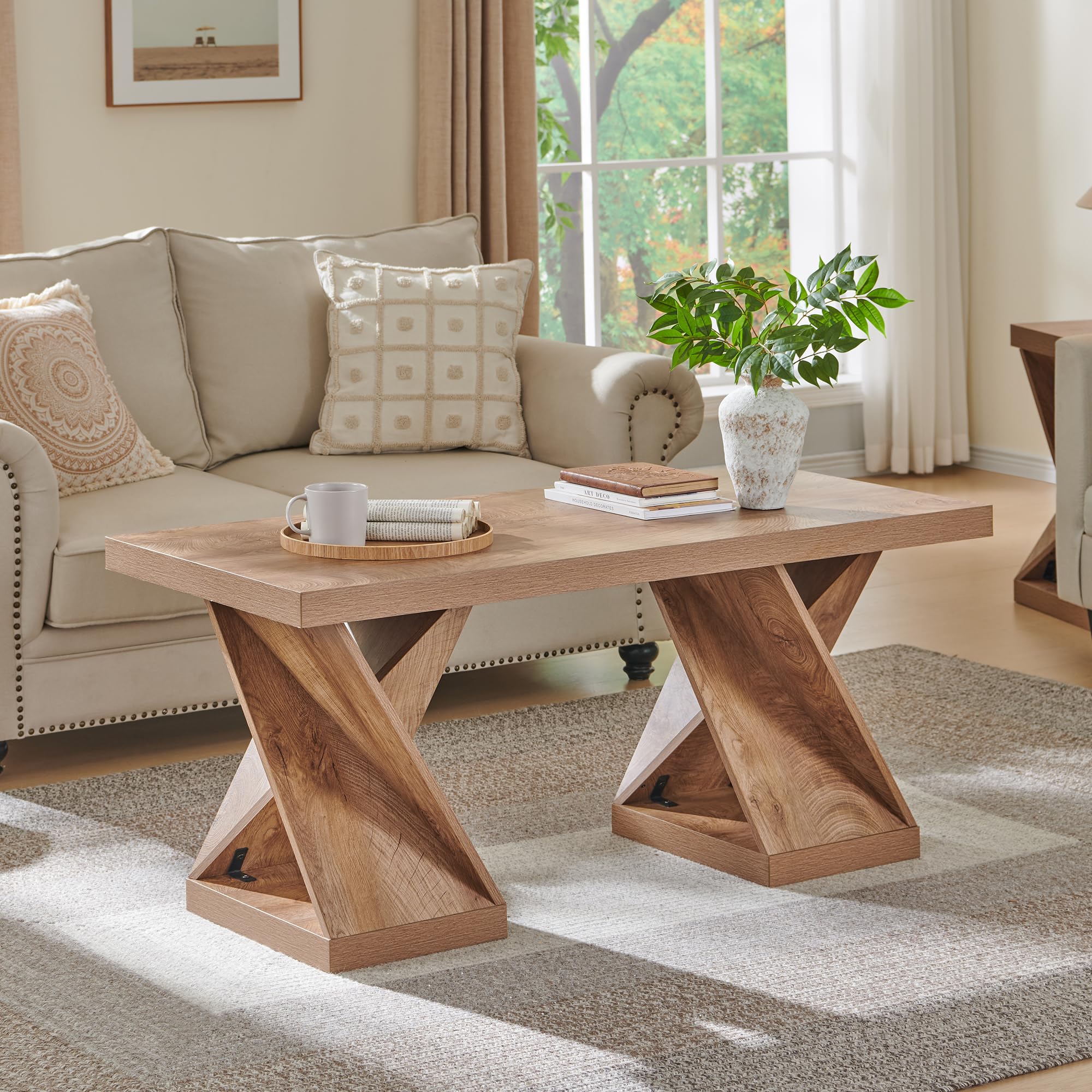 OKD Modern Coffee Table, 48" Twisted Center Table with Wood Thickened Pedestal, Rectangular Rustic Living Room Table, Farmhouse Storage Low Cocktail Tea Table, Light Tree Knot