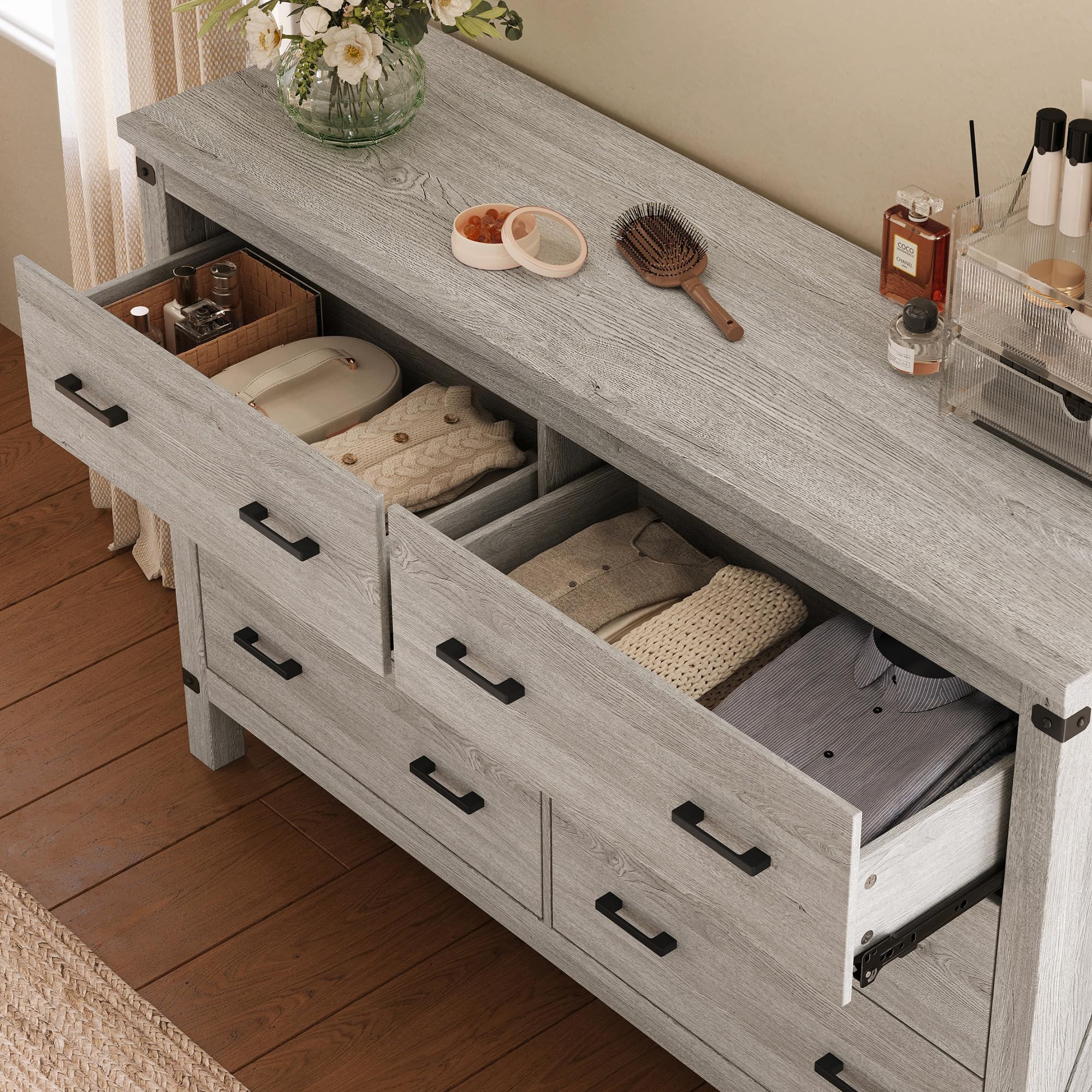 6 Drawer Farmhouse Dresser with Metal Handles