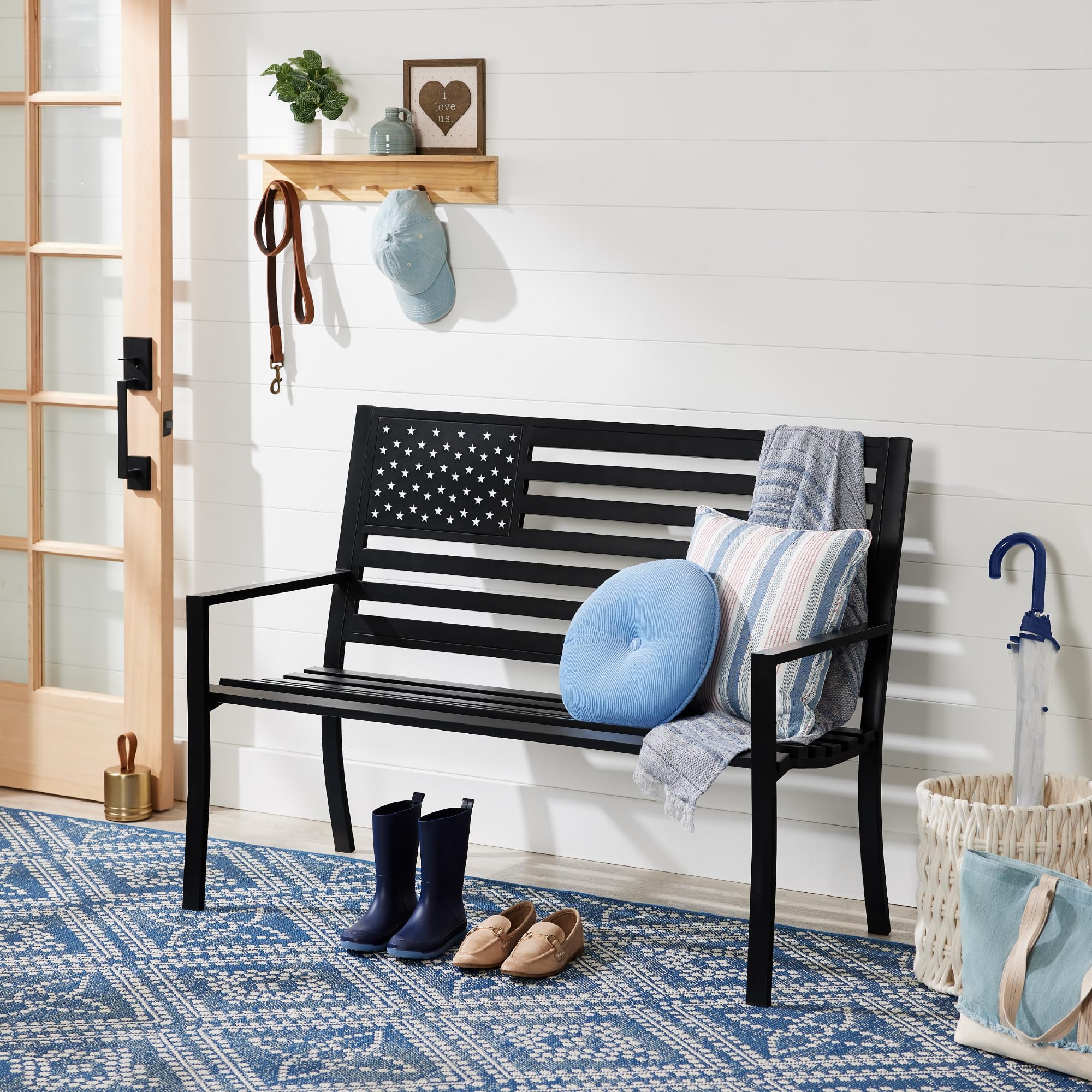 2-Person Steel Outdoor Bench with American Flag Design