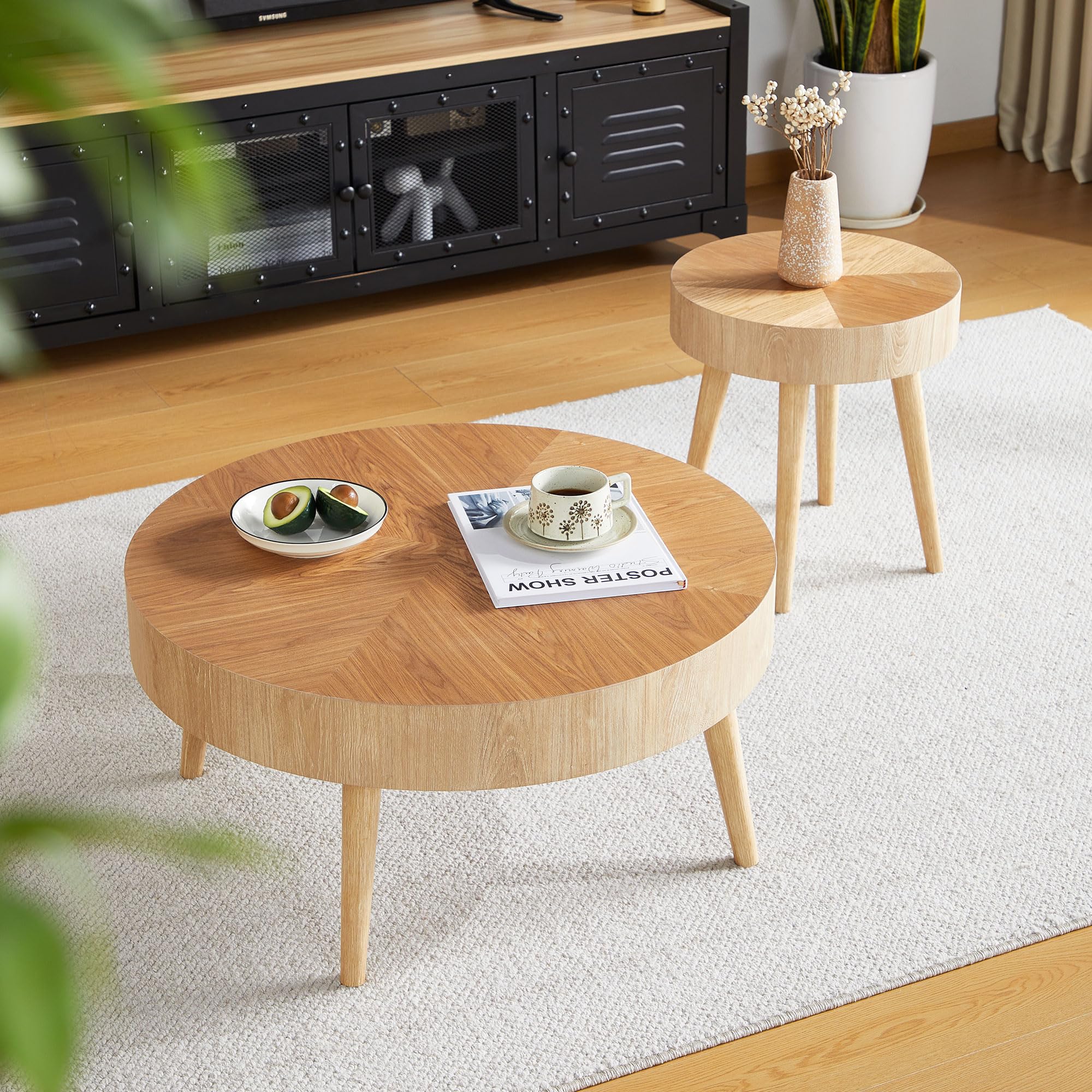 2-Piece Round Wood Coffee Table Set
