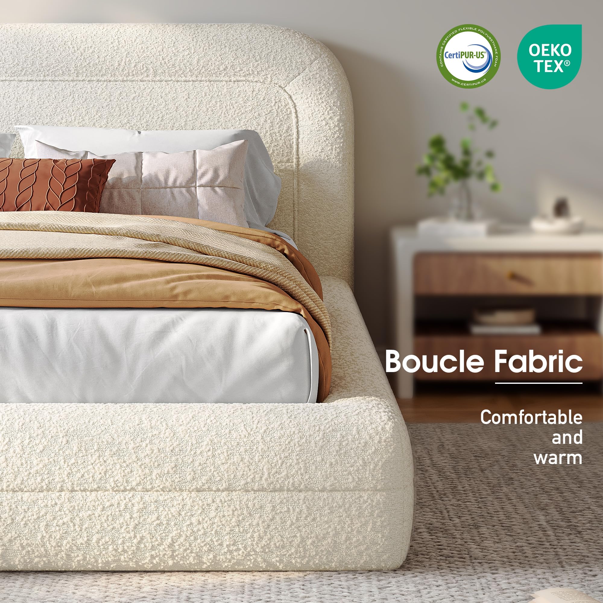 Queen Upholstered Platform Bed Frame with Curved Headboard