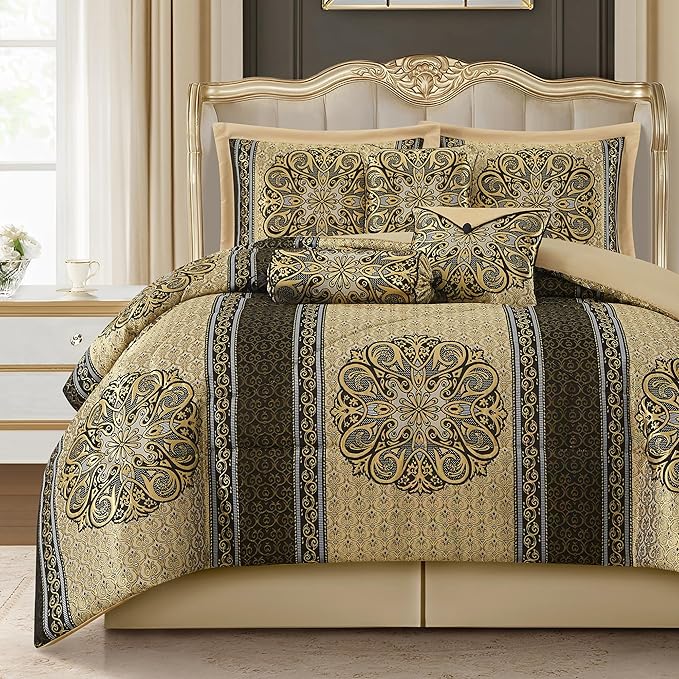 California King Comforter Set Navy Medallion Jacquard 7 Piece