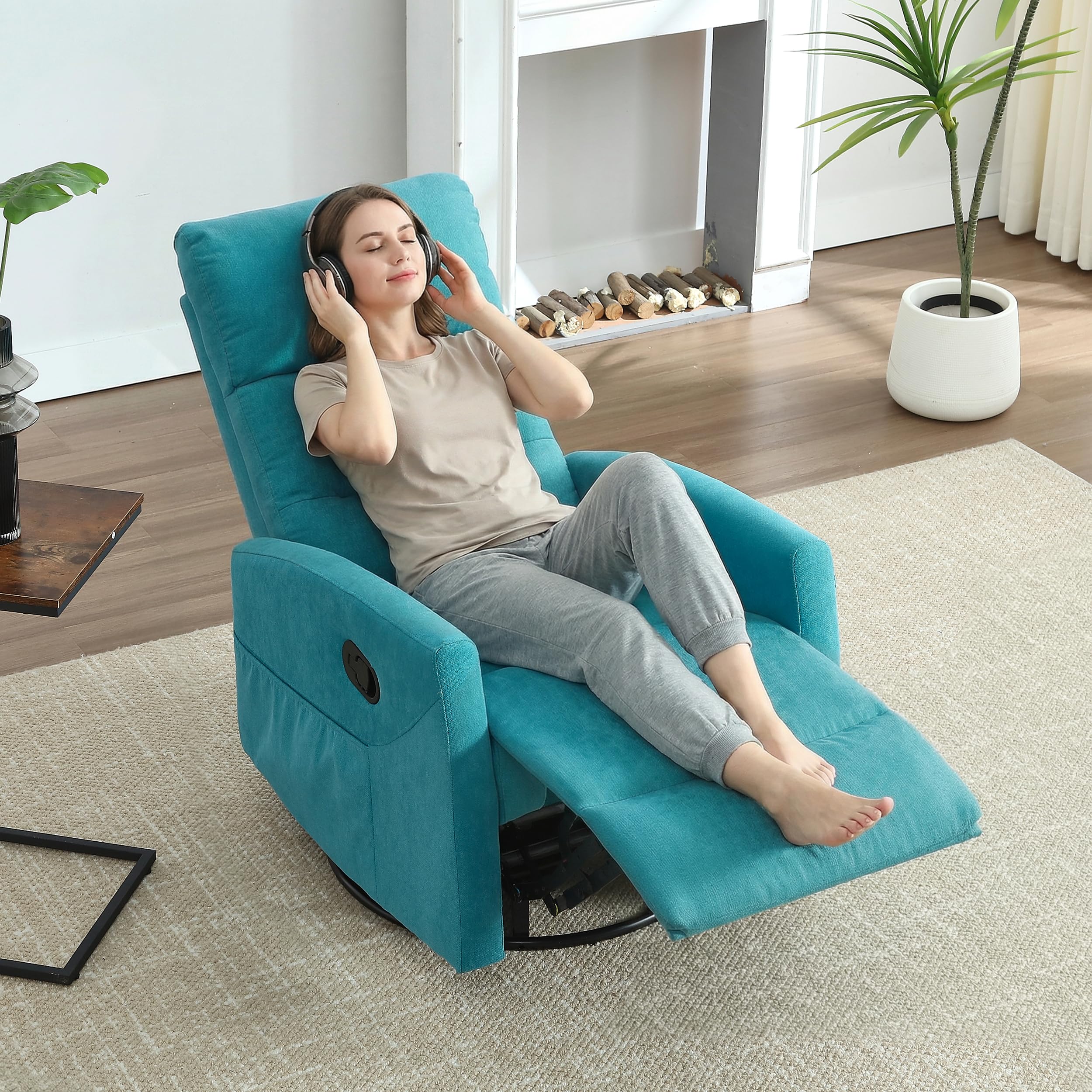 PELUMY Manual Recliner Chair, 360° Swivel Glider and Rocker Recliner with 155° Recline, Compact Fabric Recliner for Small Space, Nursery, Living Room, Bedroom, No Tools Assembly (Blue)