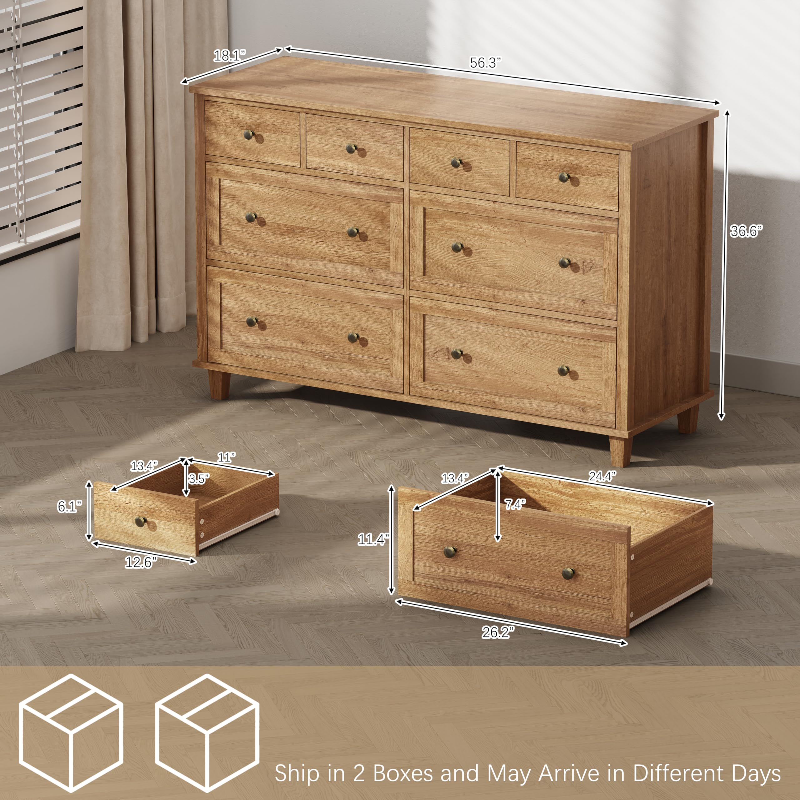 8 Drawer Wood Dresser 56.3" Wide Storage Chest