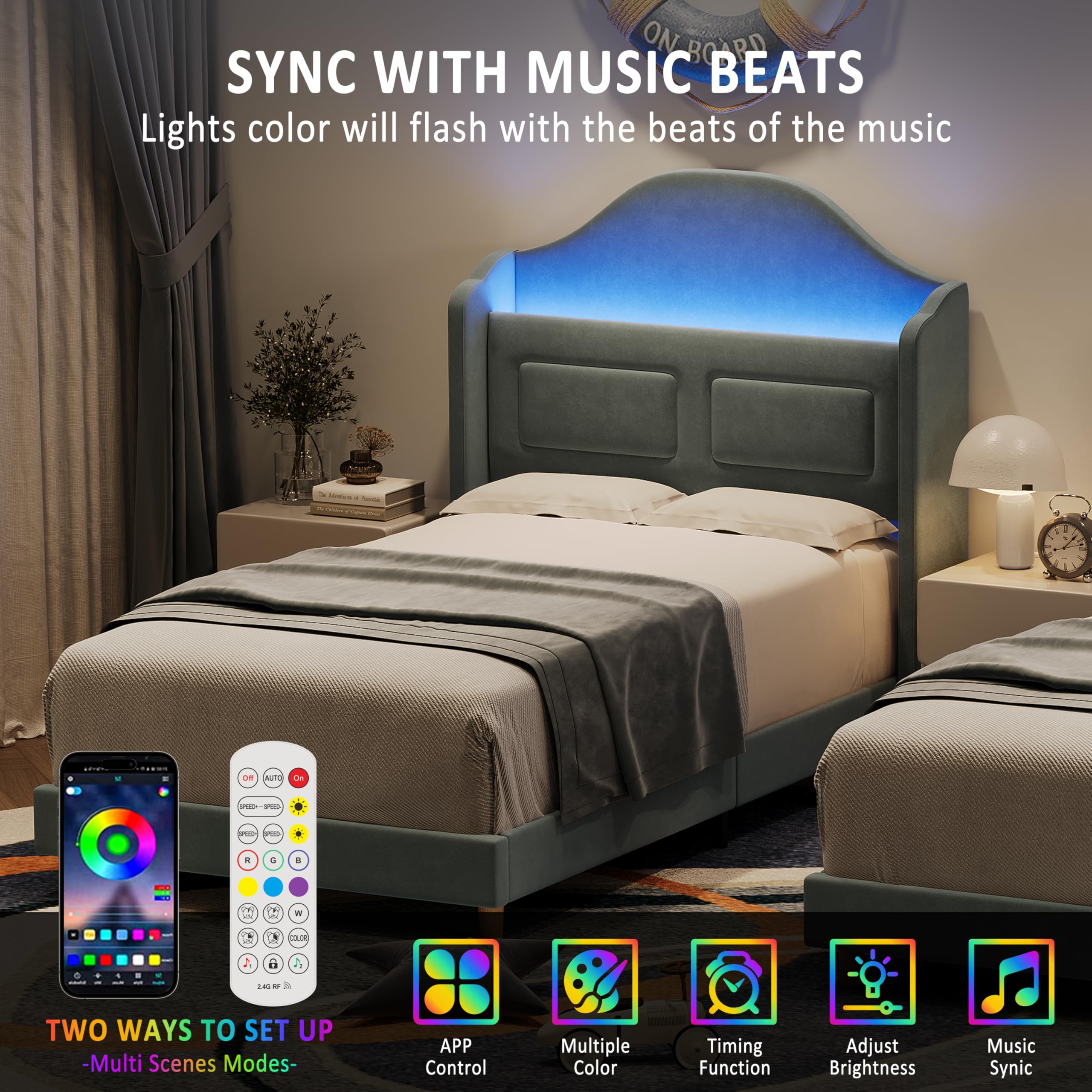 Twin LED Platform Bed with Storage Headboard