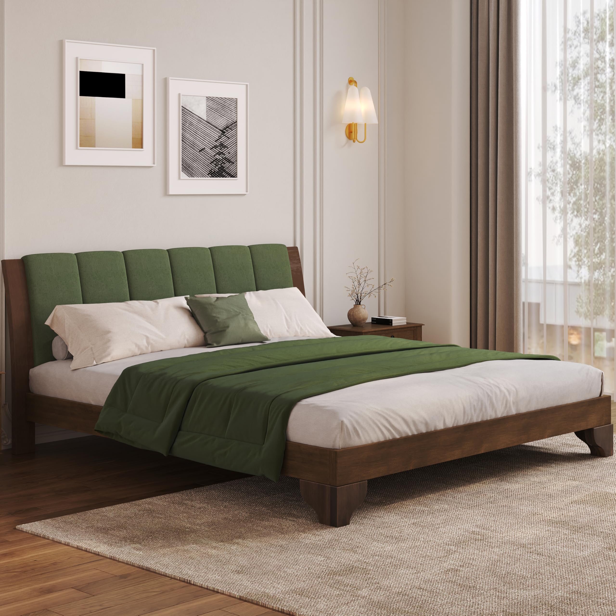 King Size Pine Wood Platform Bed Frame with Headboard