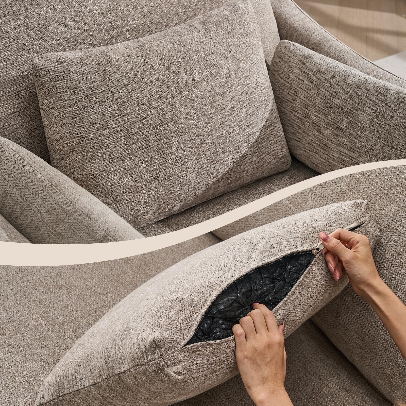 ONBRILL Accent Chair for Living Room, Slipcovered Chair with 3 Throw Pillows, Comfy Reading Chair, Deep Seat Armchair w/Sloped Arms, Modern Single Couch Sofa for Apartment, Wheat