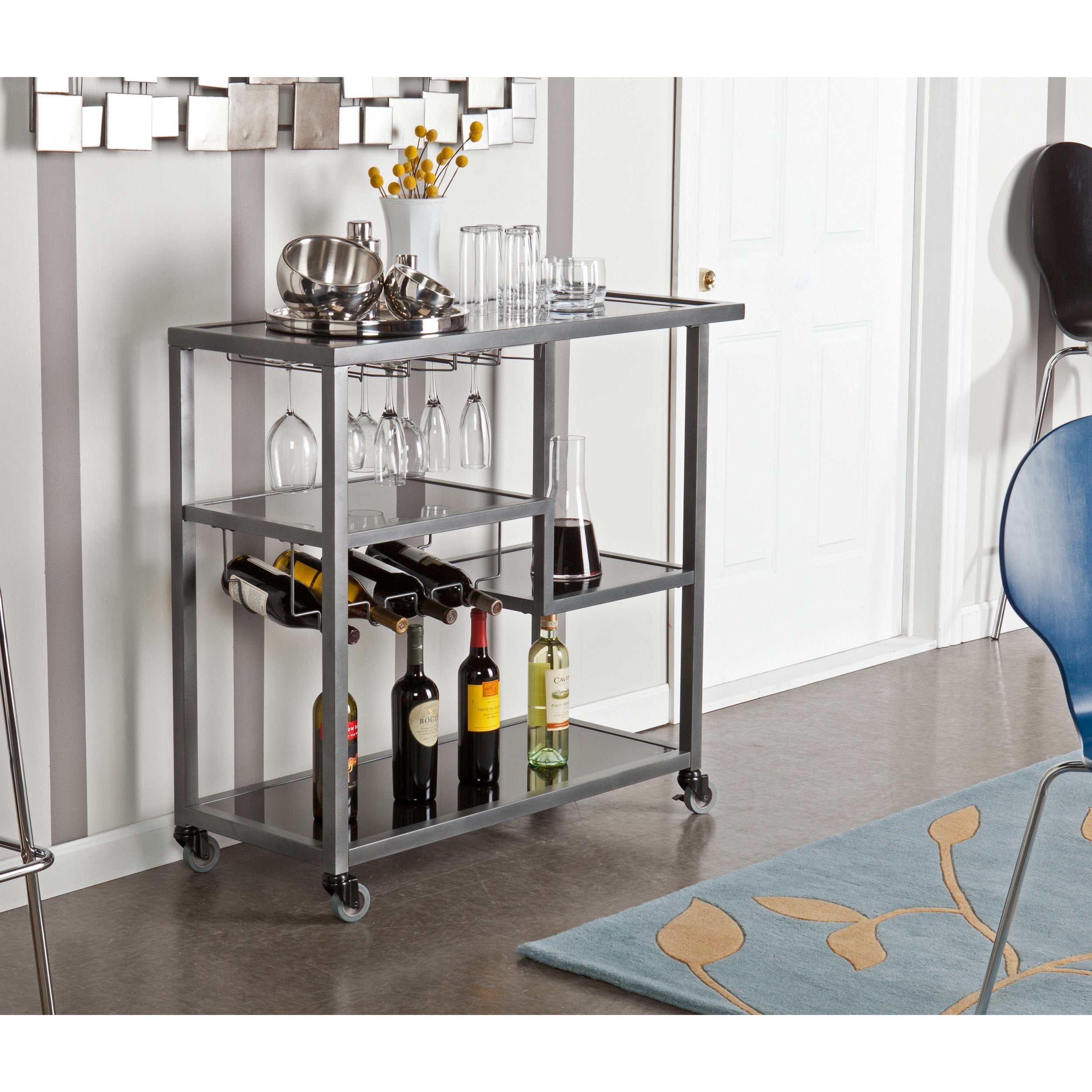 Metal Tempered Glass Bar Cart with Locking Wheels