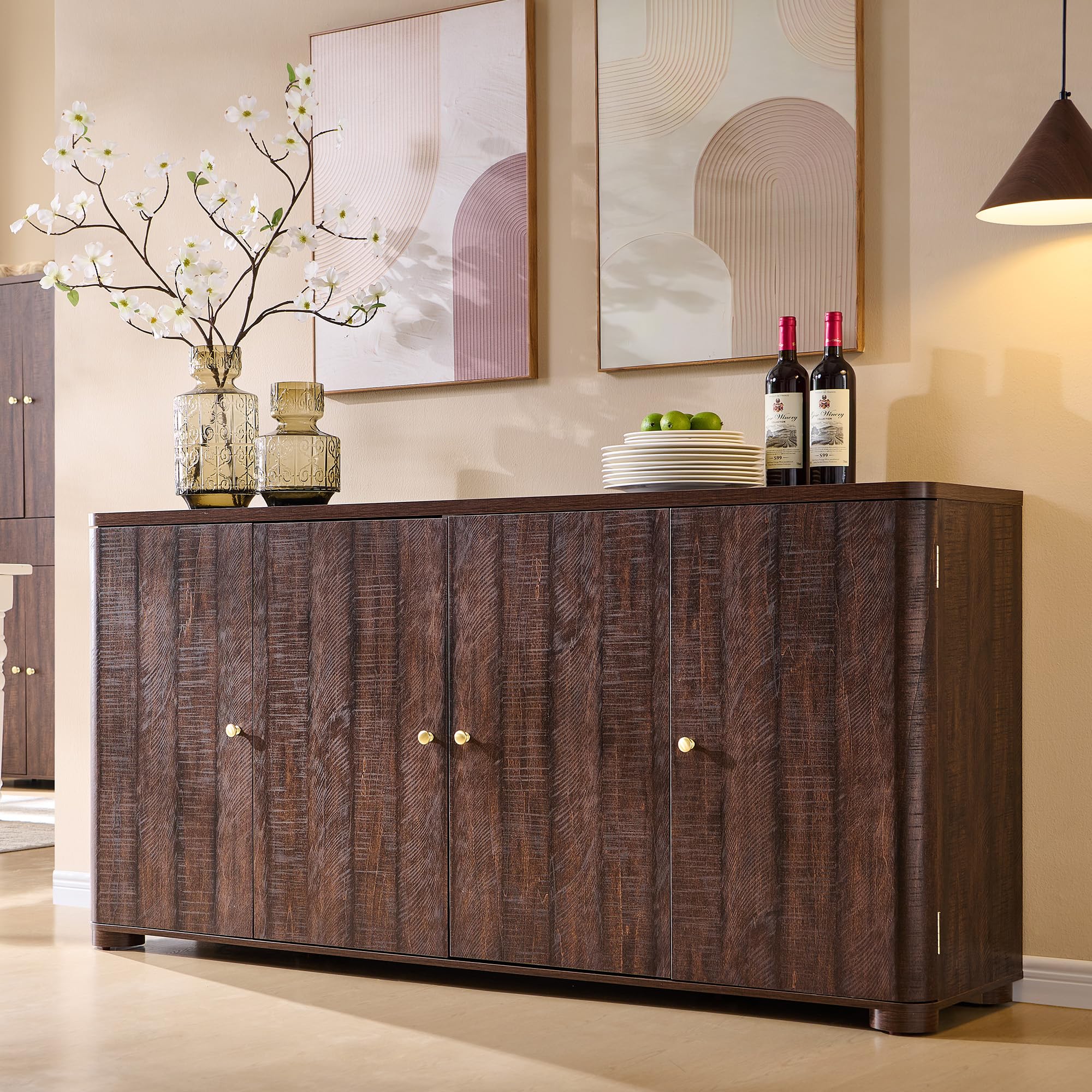 66" Curved Buffet Cabinet with 4 Doors and Shelves