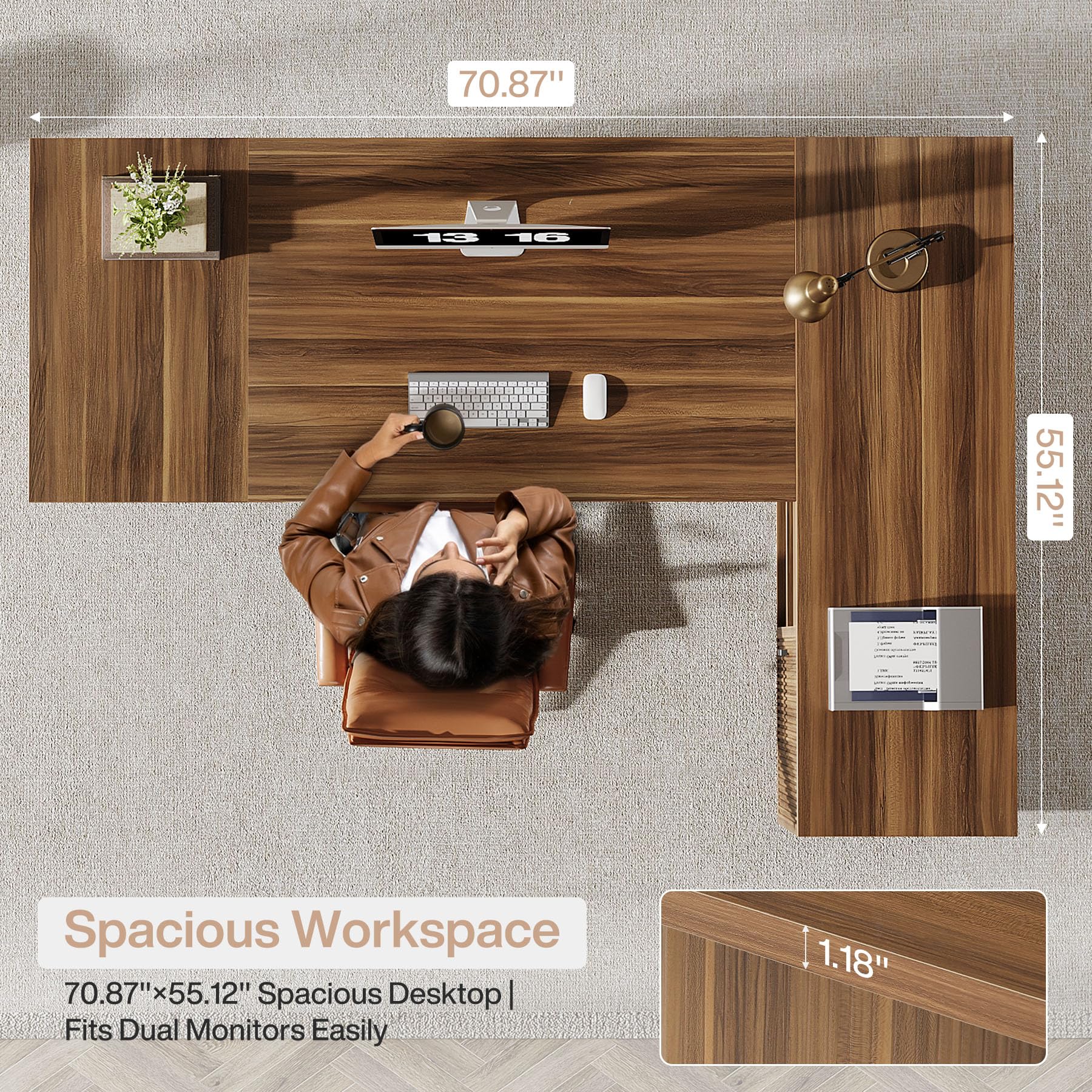 70.8-Inch Fluted Executive L-Shaped Desk with File Cabinet