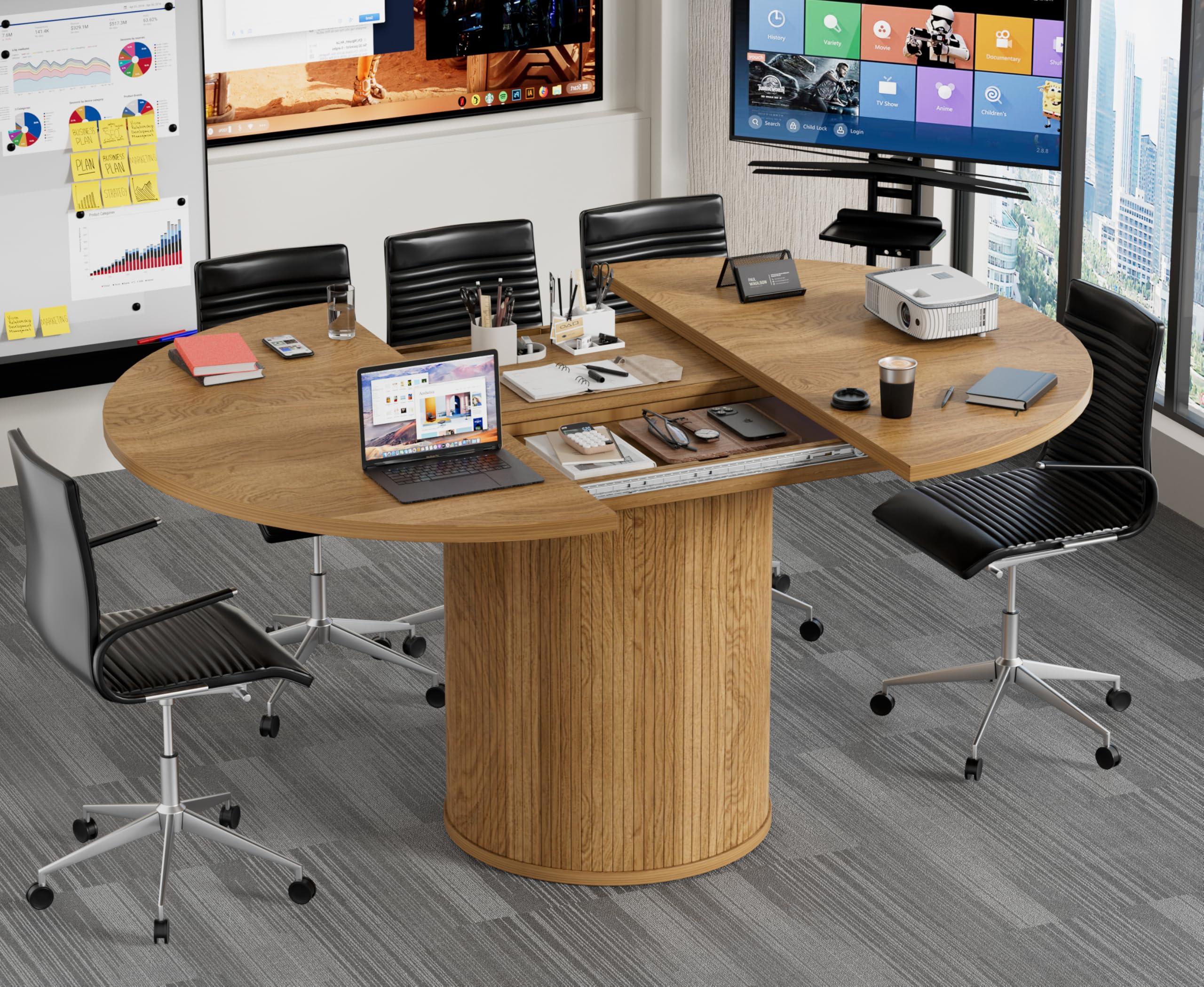 Expandable Executive Conference Table Natural Wood Grain