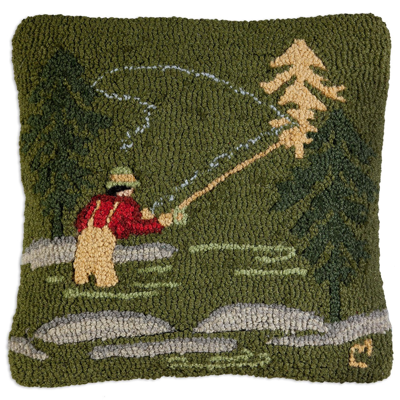 Hand-Hooked Wool Fly Fisherman Throw Pillow 18x18