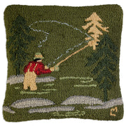 Hand-Hooked Wool Fly Fisherman Throw Pillow 18x18