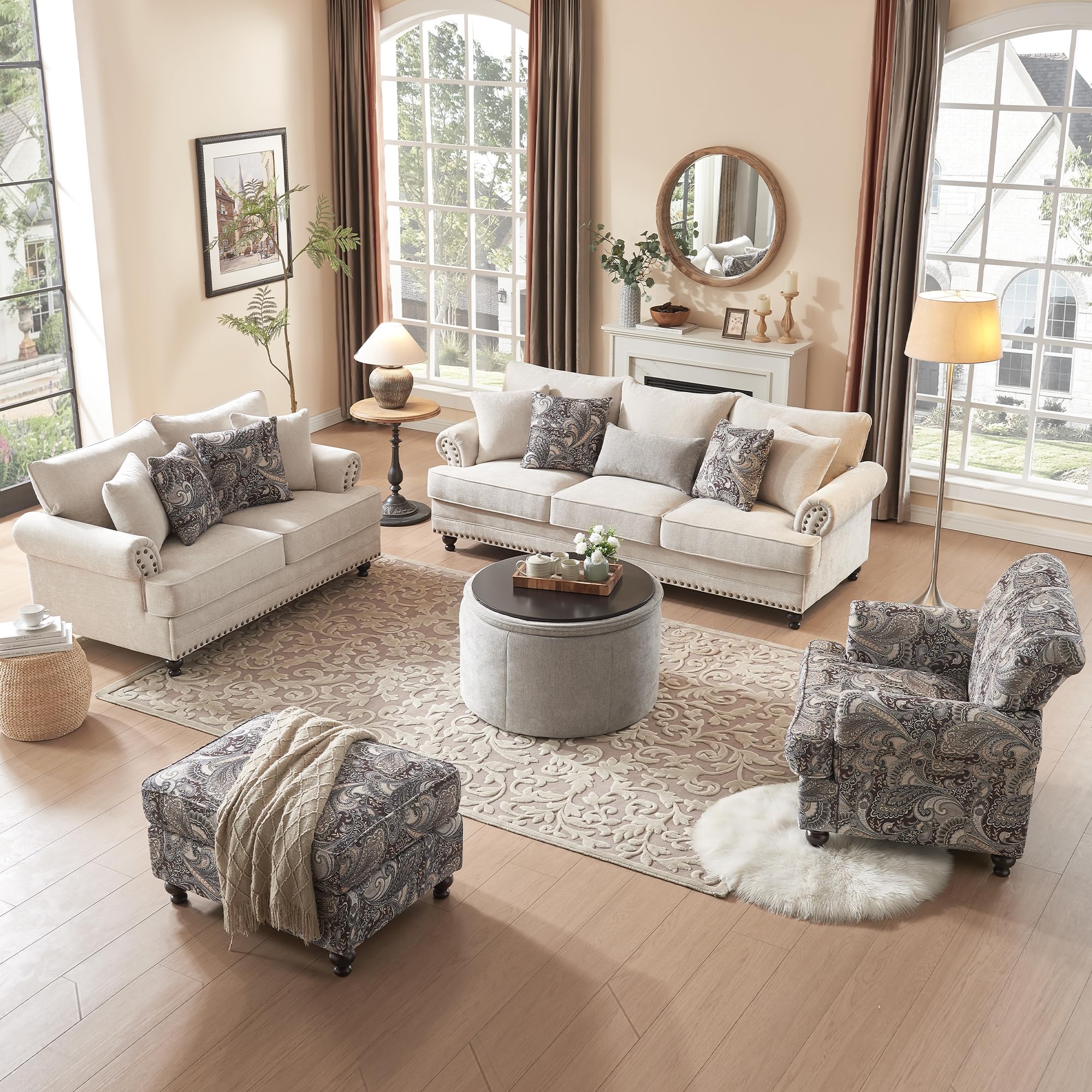 3-Piece Chenille Living Room Set with Nailhead Trim