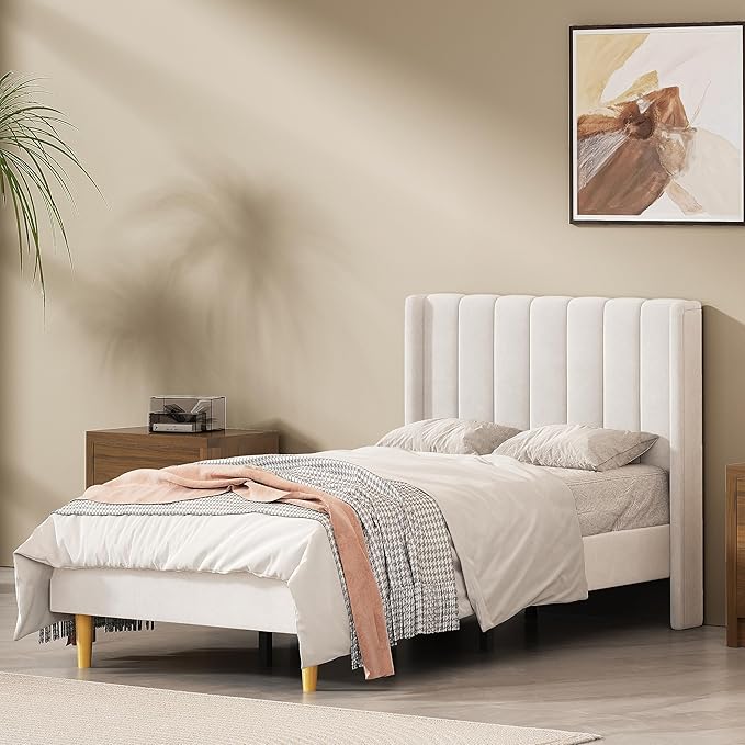 Pink Full Size Upholstered Platform Bed Frame with Wingback Headboard