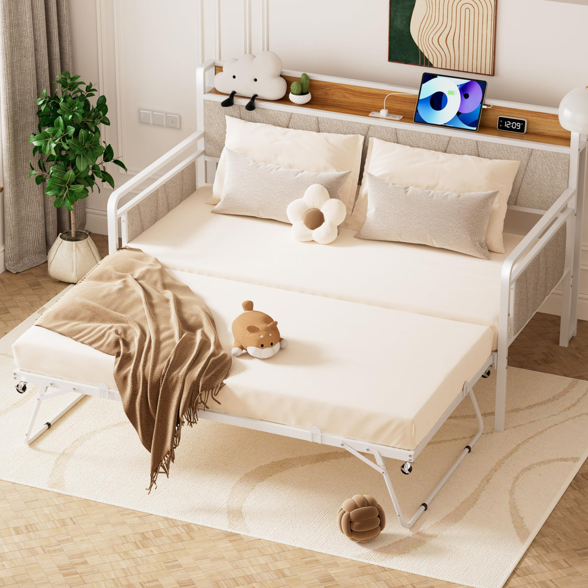 Twin Daybed with Trundle and Upholstered Headboard