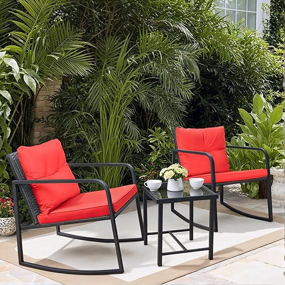 3 Pieces Rocking Wicker Bistro Set with Glass Coffee Table